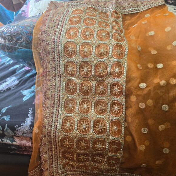 Orange & Gold Embroidered Lehenga FREE Matching Khussa Shoes - Picture 6 of 11